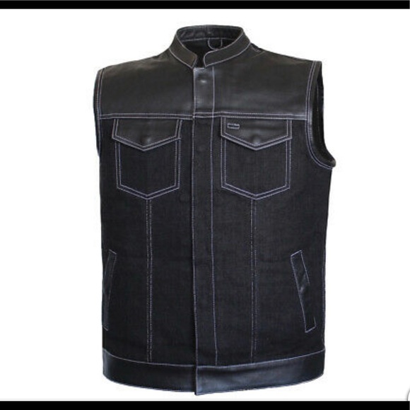 Men  Leather and Denim Biker Club Style Motorcycle Concealed Carry Vest - Picture 1 of 5